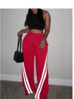 Women’s High-Waist Red Wide-Leg Track Pants with Side Stripes